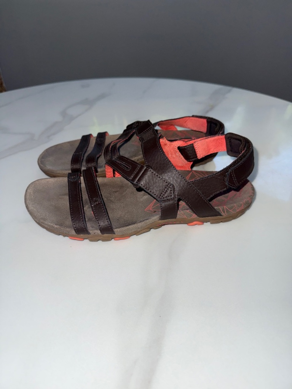 Merrell Brown Leather Sport Sandals with Coral Accents